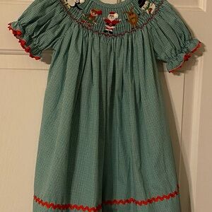 Green Gingham Smocked Christmas Dress with Red Bric-Brac Trim